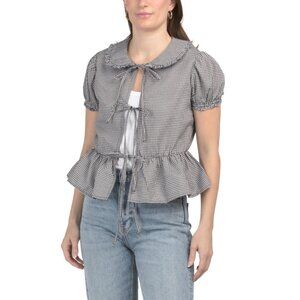 US TOGETHER Navy/white Peter Pan Collar Gingham Top